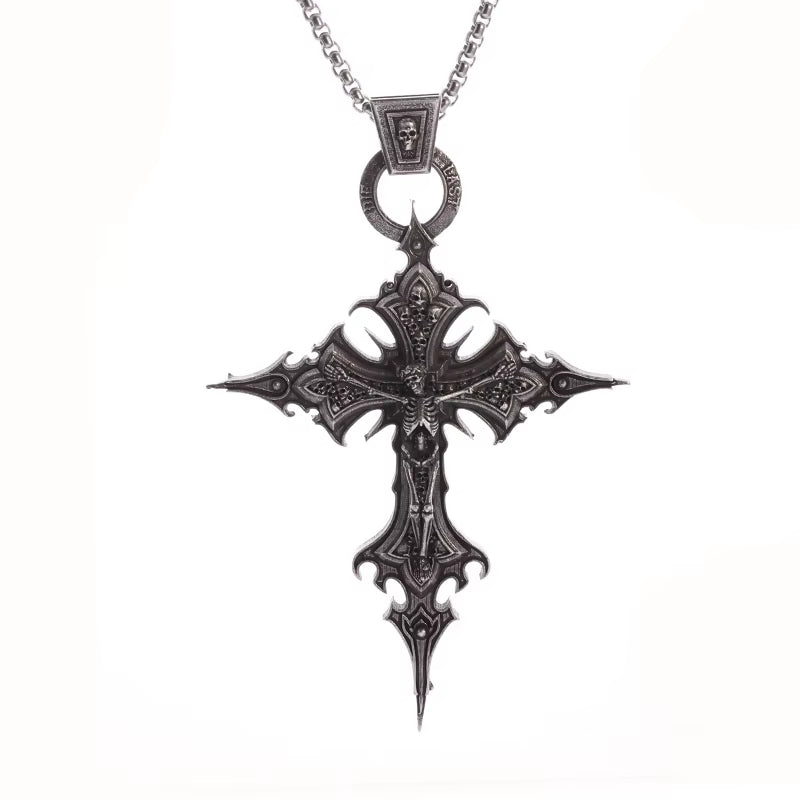 Gothic Crucifixion Skull Cross Pendant Necklace Catholic Prayer Jewelry for Men and Women Punk Trendy Jewelry