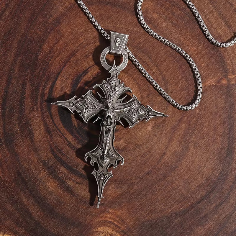 Gothic Crucifixion Skull Cross Pendant Necklace Catholic Prayer Jewelry for Men and Women Punk Trendy Jewelry