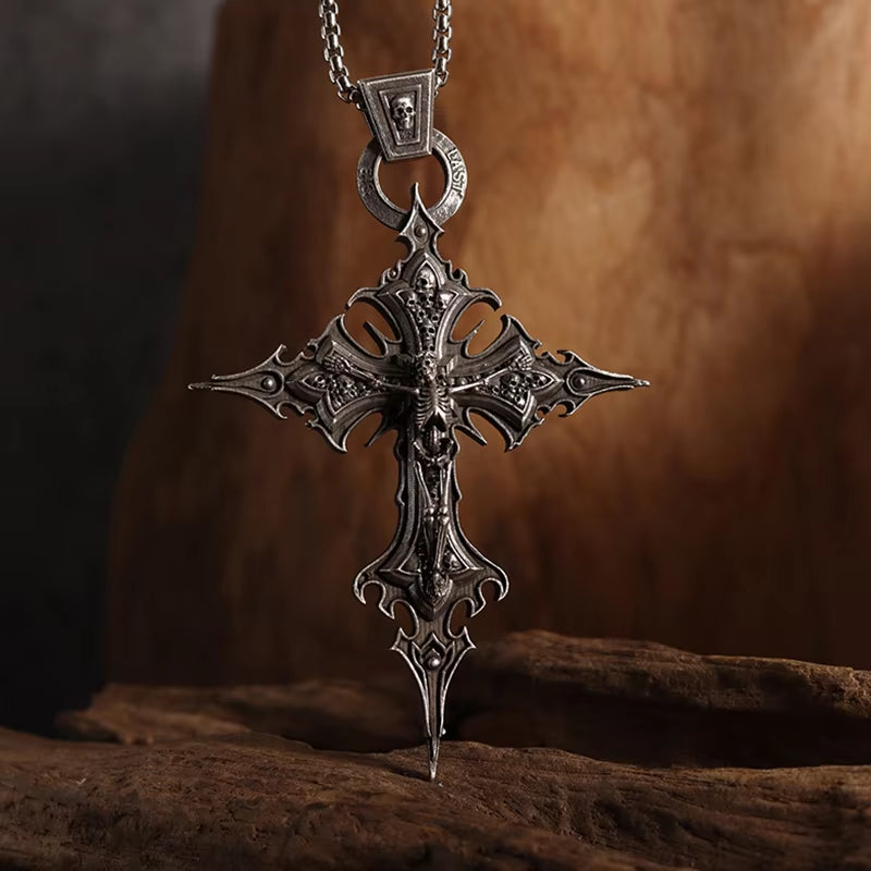 Gothic Crucifixion Skull Cross Pendant Necklace Catholic Prayer Jewelry for Men and Women Punk Trendy Jewelry